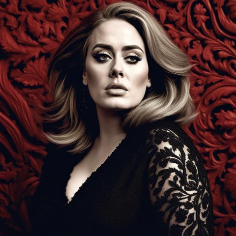 21st century music art: Adele in black in front of red patterned background