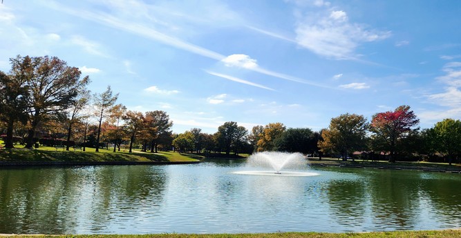 A pond with green-looking water and a fountain in the middle. Tree-lined banks of the pond on either side of the pond. Blue sky with some white clouds.