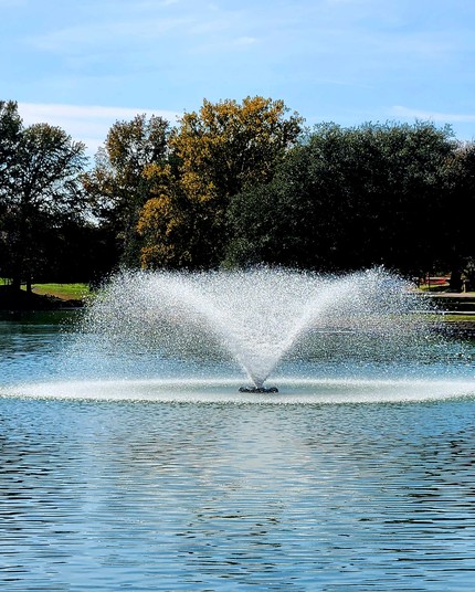 Blue-looking water in a pond with a fountain in the middle. Trees on the pond's bank in the background.