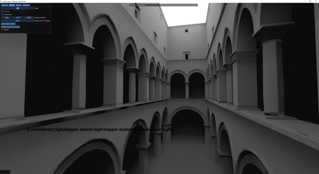 a lightmap-only render of sponza, with a dear imgui debug UI on top.