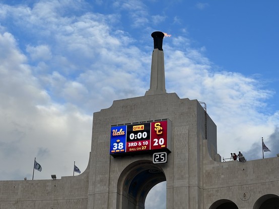 Scoreboard at the Coliseum UCLA 38 - USC 20