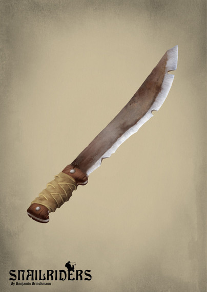 A digital painting of an old rusty machete with a badly chipped edge and leather wrappings around its handle.
In the left corner is written: Snailriders by Benjamin Brinckmann in black art noveau letters.