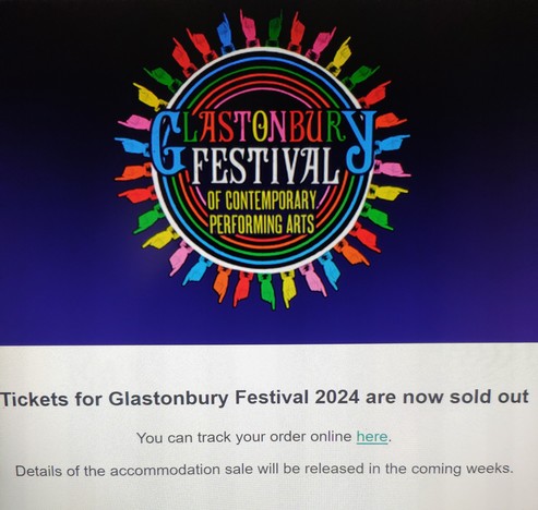 A web page for Glastonbury Festival 2024 saying that tickets are sold out.