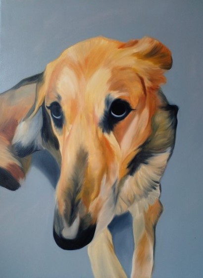 a painting of a slender dog, it is tan and black, the background is grey