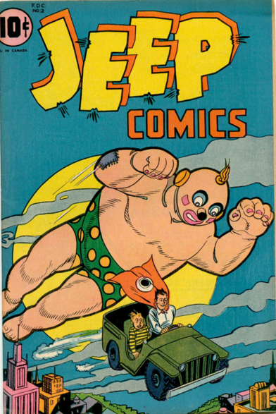 a cover of a comic book, in large yellow and orange letters it says 'Jeep Comics' at the top, the illustration is of a man in a red cape with a boy flying through the sky over a city in a green jeep, a large floating clown-type character wearing only shorts is behind them