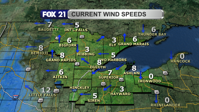 Wind speeds in the Northland around 2 p.m. on Sunday, November 19, 2023 range from calm to 8 mph.  Wind directions are a mix across the region, with a bit of a lake breeze coming off Lake Superior.