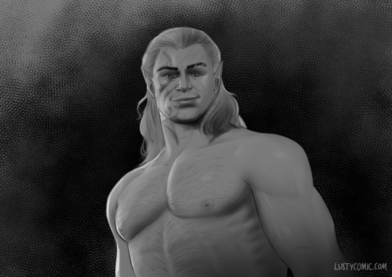 Black and white drawing. Halsin, a tall, strong elf, looks down at you with kind eyes. His sweet face is scarred and tattooed, and framed by long hair. His barrel chest is well-furred, recalling to your mind a great bear. His voice is poetry. You feel safe with him.