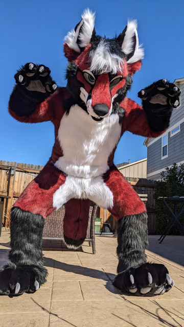 Red, White, and Black fox fullsuit front view, looks like they're about to pounce!