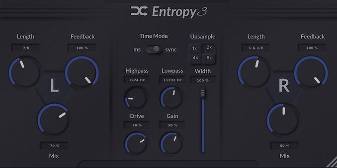 GUI of Entropy 3 with settings for L&R feedback, time modes, up sampling, drive and gain, etc.