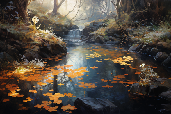 Generated by AI. Looks like a painting of a stream with autumn leaves floating in it. Lovely feeling.