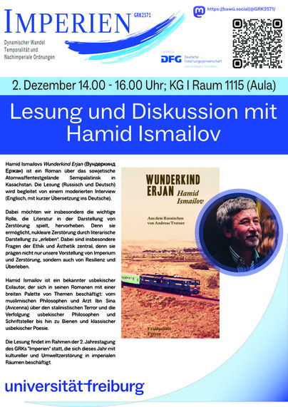 A poster for a literary reading with Hamid Ismailov from his book "The Dead Lake".
The reading will be held on December 2nd, 2023, at the University of Freiburg's aula (room 1115).