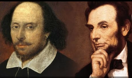 Portraits of William Shakespeare and Abraham Lincoln side by side, both turning to the right with pensive, knowing eyes.