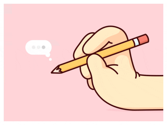 hand holding pencil; pencil tip is sending out thought-bubbles