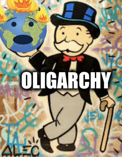 Monopoly man holding a sad burning planet earth with caption oligarchy