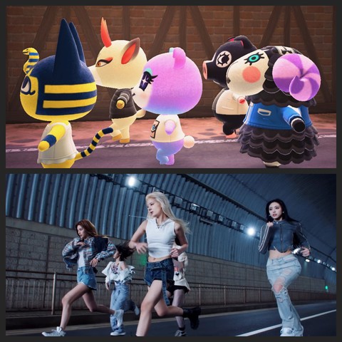 Collage of photos. The upper photo is an Animal Crossing: New Horizons screenshot showing a group of villagers (Ankha, Shino, Judy, Agnes, and Muffy) dressed similar to the members of Itzy from the "Bet On Me" music video on a roadway in a tunnel. The lower image shows the members of Itzy running in a road tunnel from the "Bet on Me" music video.