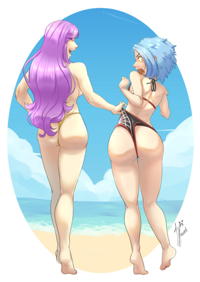 Two girls walking to the sea giving the viewer their backs. The taller one has lavender, long hair, wears a yellow tong and nothing on top, and smiles while pulling up the panties of the shorter one. The latest has short, blue spicky hair and looks ashamed while her sister makes her but more visible.