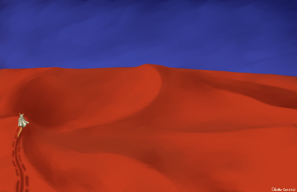 A vast desert dune landscape.  Off to the side a small tan kobold wearing a white robe navigates the dunes.