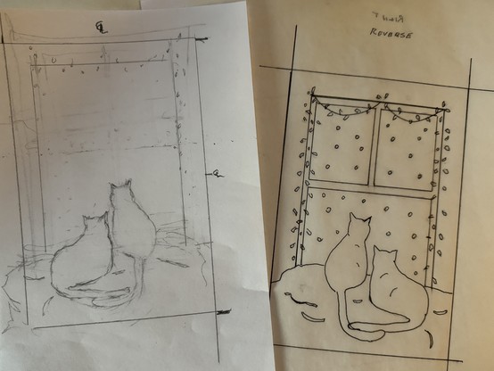 At left a drawing of two cats with their back to the viewer. At right, a reversed image of that with the addition of a window draped with little lights, and some snow, done in ink
