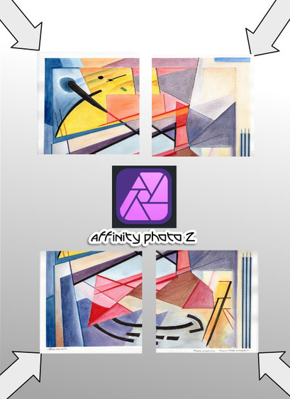 a diagram showing four parts of a large painting, scanned from the source artwork, into four files. The photos get dropped into Affinity Photo 2, and then are assembled into one very large image, using their Panoramic Image assembler thing.