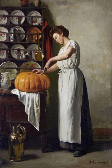 Woman in white apron carving a pumpkin Edwardian art