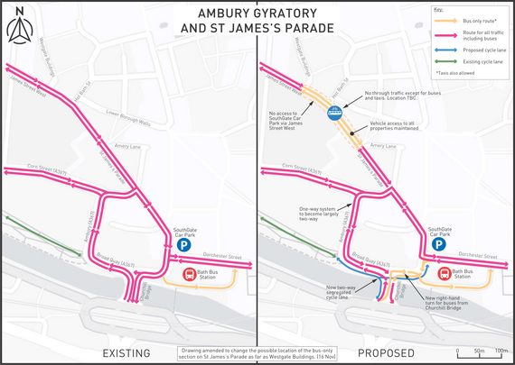 Two maps of Bath city centre, near Southgate, showing the traffic flows before and after proposed changes to car and bus routes.