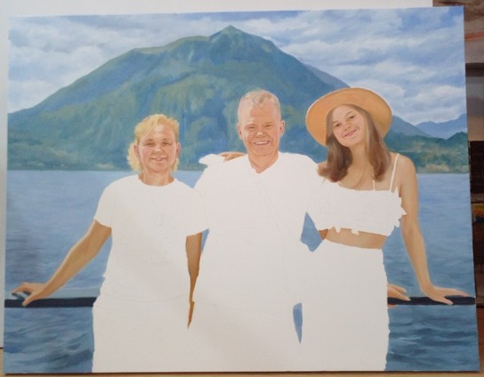 a painting of three members of a family, a mother, father, and daughter, leaning their backs on the railing of a ship, a large tropical island in the background, their clothes are blank white, not colored in yet, they atre smiling, they are on vacation, the daughter wears a sun hat