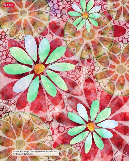 Green daisy flowers on a red and earth tone mosaic background by artist and poet Sharon Cummings.  Haiku in post.