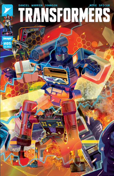a cover of a comic book, at the top in blocky letters in white it says 'Transformers', the illustration is of soundwave and another transformer, lots of psychedelic patterns and lightning running through the cover