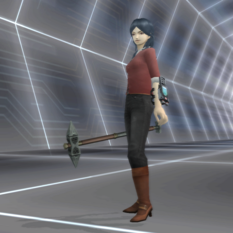 screenshot of my character named Xenia. She has blue hair, wearing a red button up shirt and black jeans. She is holding a hammer of sorts and a device on her other arm