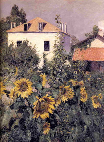 Sunflowers with a building in the background, impressionist painting