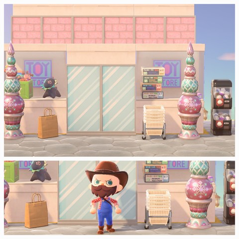 Collage of two Animal Crossing: New Horizons screenshots. The upper screenshot is longer than the lower screenshot. Both are showing the same area during the daytime in front of a concrete walkway of a faux building designed to look like a toy store with windows holding toys in them, simple panels used to make glass doors. There are two pink ornament trees on either side of the door. In the windows there are blue / purple shaded signs that read "Toy Store." On either side of the faux door are a paper bag (left) and a stack of shopping baskets. In the lower picture, in front of the door is a light skinned, bearded human islander with blue eyes wearing blue overalls, brown boots, a brown cowboy hat, and a red flannel shirt. He is standing proudly with his hands near his hips.