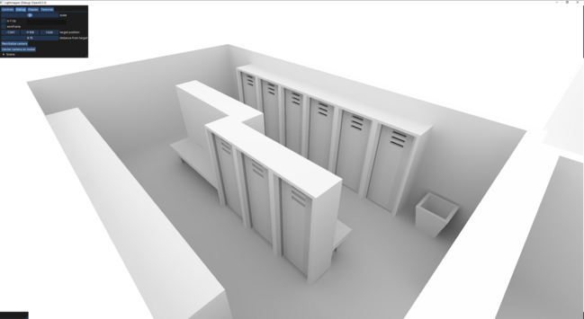 A lightmap render of a ceiling-less locker room.