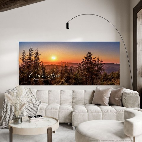 A Blue Ridge Parkway sunrise, with sunrise casting a golden glow over the valley of North Carolina not far from Blowing Rock. From the Fine Art Gallery of Shelia Hunt.