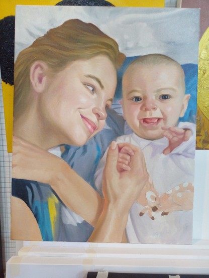 the rest of the painting is colored in; a blonde haired woman is laying on her bed with her baby next to her, the baby holds her hand with one hand and reaches out to the viewer with the other
