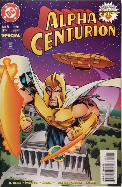 cover of a comic book called 'Alpha Centurion'; the title is at the top in old-fashioned sci-fi lettering, red and yellow, a man in a gladiator-type helmet, gold, with gold chestplate and gold forearm gauntlets and a glowing gold shield with white cape is flying down from a spacecraft, there are stars in the sky , the dc comics logo is at the top left corner in red and white