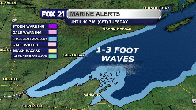 A Small Craft Advisory is in effect for the entire Lake Superior shoreline in the Northland until 10 p.m. Central Standard Time.  Waves of up to 3 feet are possible at times this afternoon and evening.