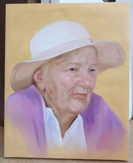 a painting of an elderly woman wearing a white shirt, lavender cardigan, and a white sun hat, a light naples yellow background