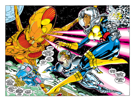 a double - page spread of a comic book, Storm, Banshee and Forge are in space suits, Forge in a small space craft, they are around a space ship that is firing pink lasers at them