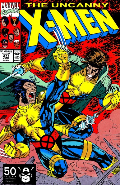 the cover of the comic book, the background is red, smoldering, Wolverine is slashing at Gambit with his claws, Gambit is holding a sword and spear , at the top in blue and yellow letters it says 'the uncanny x-men'; in the upper left corner is the marvel comics logo