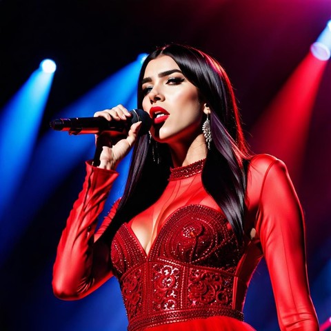 21st Century music art: Dua Lipa, long straight brown hair, on stage, red outfit, holding mic