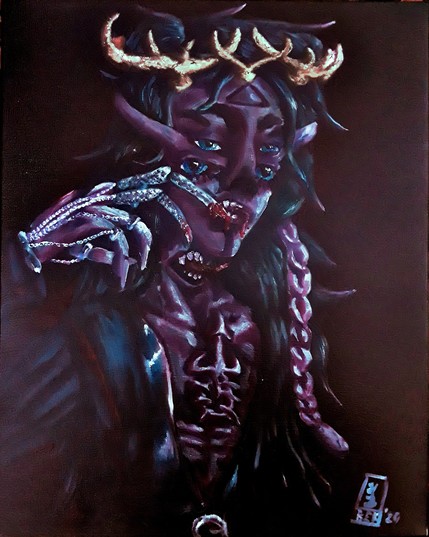 Oil painting portrait of a humanoid monster with purpleish pale skin warped to have long thin fingers , two sets of eyes, an extra mouth on the neck, extra long tongue, sharp pointed teeth, carved capital Delta in the forehead, a stylized spiked ankh sabbat symbol on the chest, and a flesh braid which holds back the long mane of black hair. They also have a crown of short antler-like bone horns and are wearing a low-V opening leather jumpsuit and trenchcoat with finger armor and chain hand jewelry. The tips of the claw rings have blood the monster licks off.