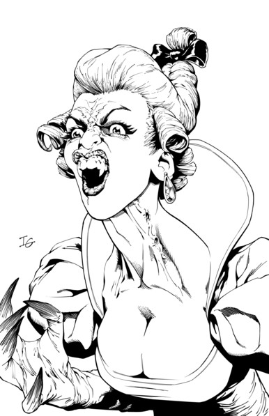 A digital ink drawing of a female vampire baring her fangs.