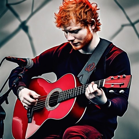 21st century music art: Ed Sheeran in black playing red guitar