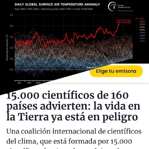 Mosaico con un gráfico de la temperatura superficial global, con el 2023 disparado por encima de cualquier valor previo (el gráfico muestra hasta 1940, llega a más de 2°C por encima de la media), y el titular de un periódico que dice "15.000 científicos de 160 países advierten: la vida en la Tierra ya está en peligro"