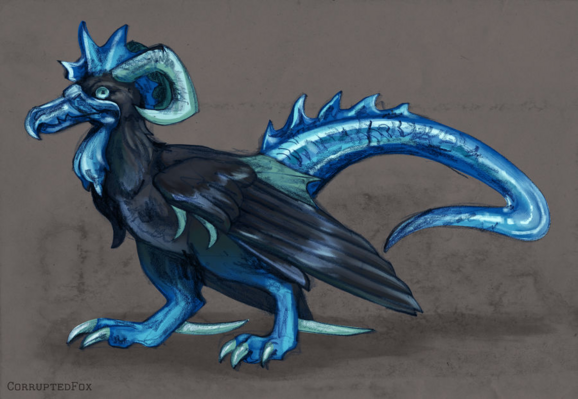 A cockatrice with black feathers. Blue dragon tail, feet, beak. Turquoise goat like horns and claws.