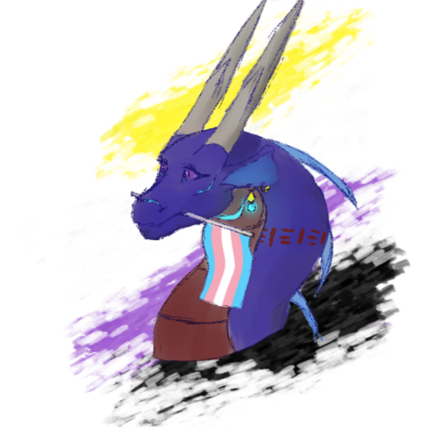 A headshot of Janblu (a dragon) with a trans flag in their mouth. The background has the colours of the non-binary flag.