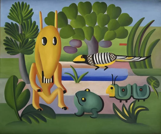 a painting of a large yellow creature with big black eyes and rounded features, the vegetation around is minimalist and rounded, other fantastic animals around the yellow creature, the sky is blue
