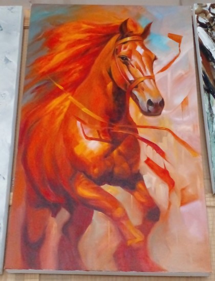a painting of a reddish-brown galloping horse
