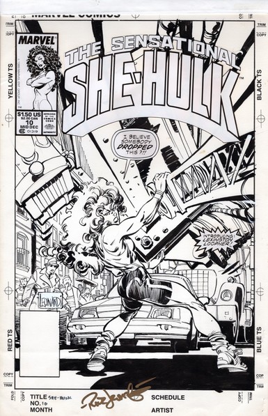 a black and white illustration of a comic book cover, She-Hulk is lifting a large piece of wreckage, she is saying 'I believe somebody dropped this?!!'