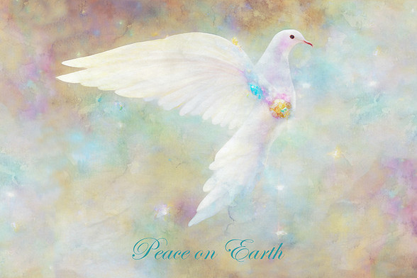 Artwork of a white dove in flight with the message, "Peace on Earth". Art by Peggy Collins.